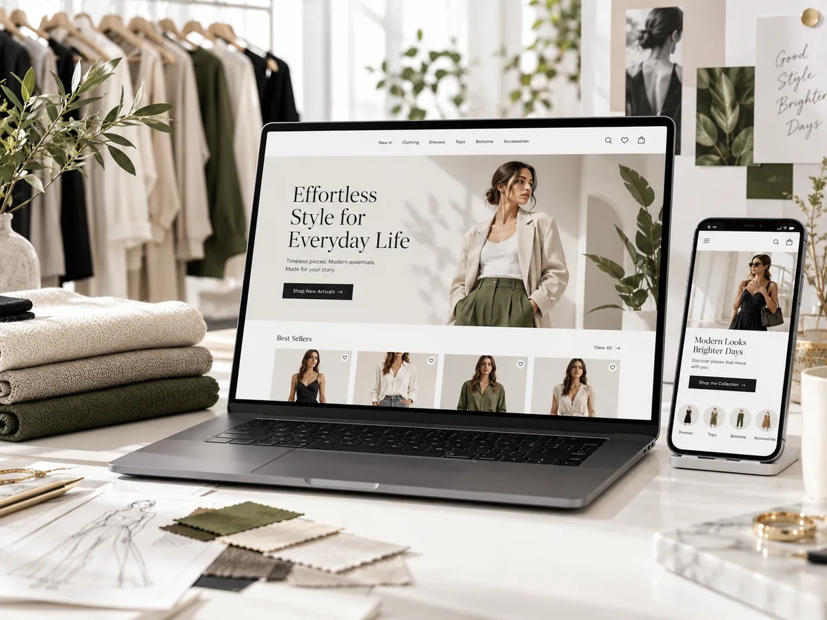 Notebook e celular exibindo uma loja de moda, com roupas e tecidos em um ateliê