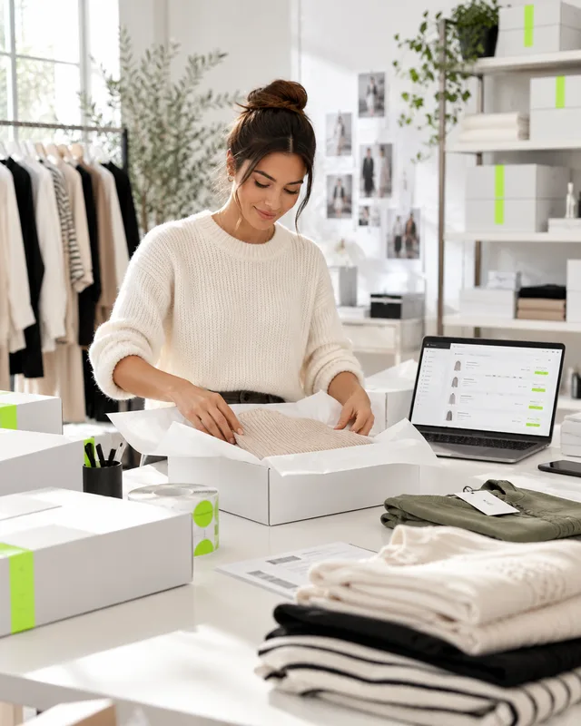 Empreendedora embalando uma roupa para envio