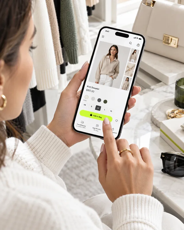 Cliente escolhendo uma peça de roupa pelo celular